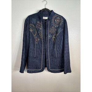Alfred Dunner 18W Navy Crinkle Open Front Jacket Embroidered Floral Designs